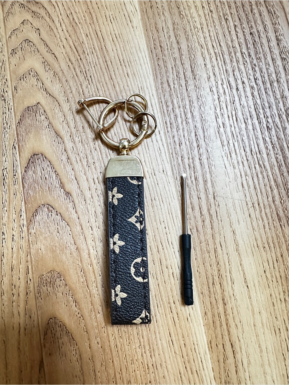 Designer Monogram Leather Key Fob — Brown & Gold